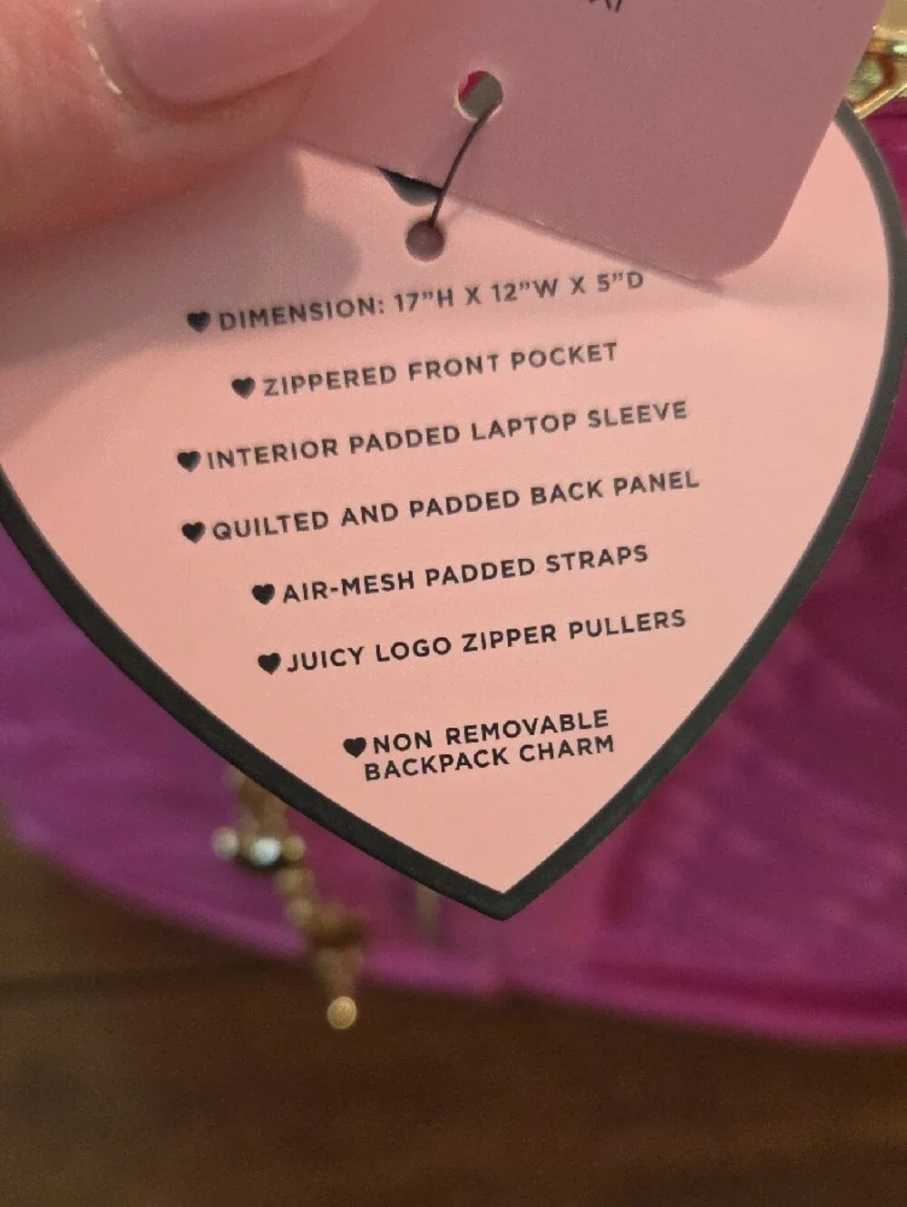 Juicy Couture Hot Pink Quilted Heart Kids Backpack with Gold Accents